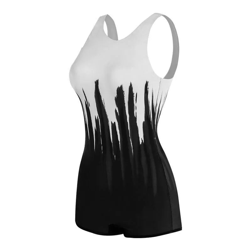 Black conservative sports one-piece swimsuit with printing pattern for swimming