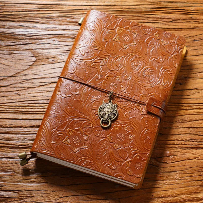 Creative vintage engraving cowhide travel notepad in black A5 size with genuine leather cover