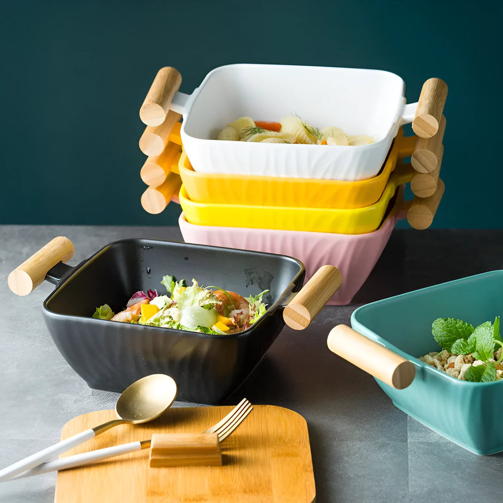 Porcelain serving bowl with lid in irregular shape, available in four colour options