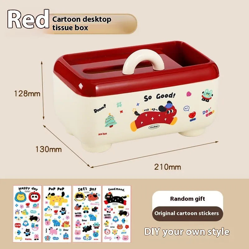 Red and brown cartoon sticker designs on a plastic desktop storage box with grid organiser compartments.