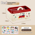 Red and brown cartoon sticker designs on a plastic desktop storage box with grid organiser compartments.