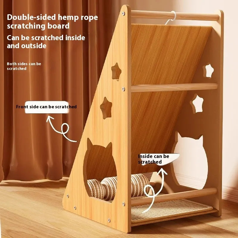 Vertical wall-mounted cat scratch board with hemp rope wrapping and teasing ball design