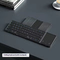 Black folding Bluetooth keyboard unfolded showing full keyboard layout with optional touchpad accessory