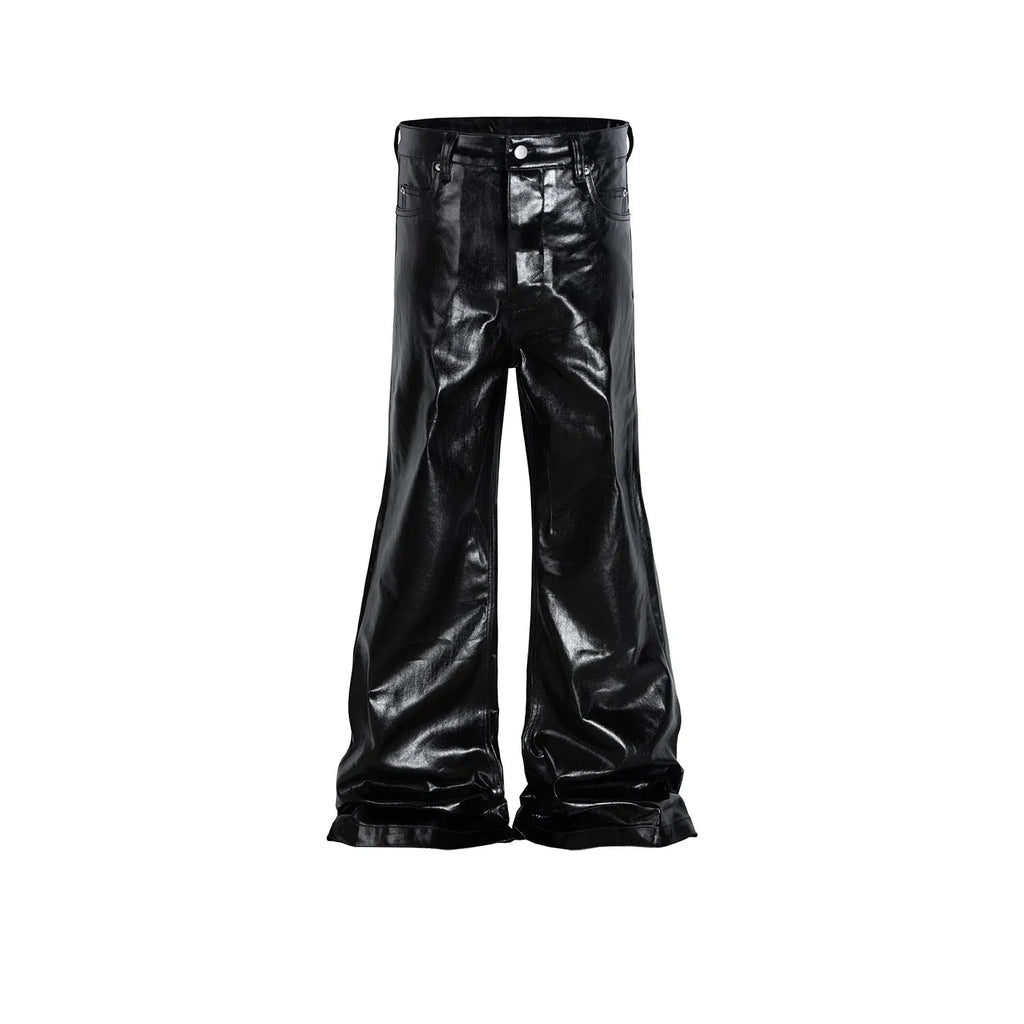 Black women's skinny jeans with a shiny patent leather-like coating and straight-leg fit