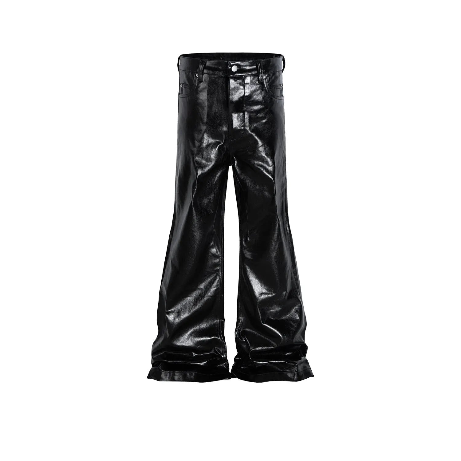 Black women's skinny jeans with a shiny patent leather-like coating and straight-leg fit