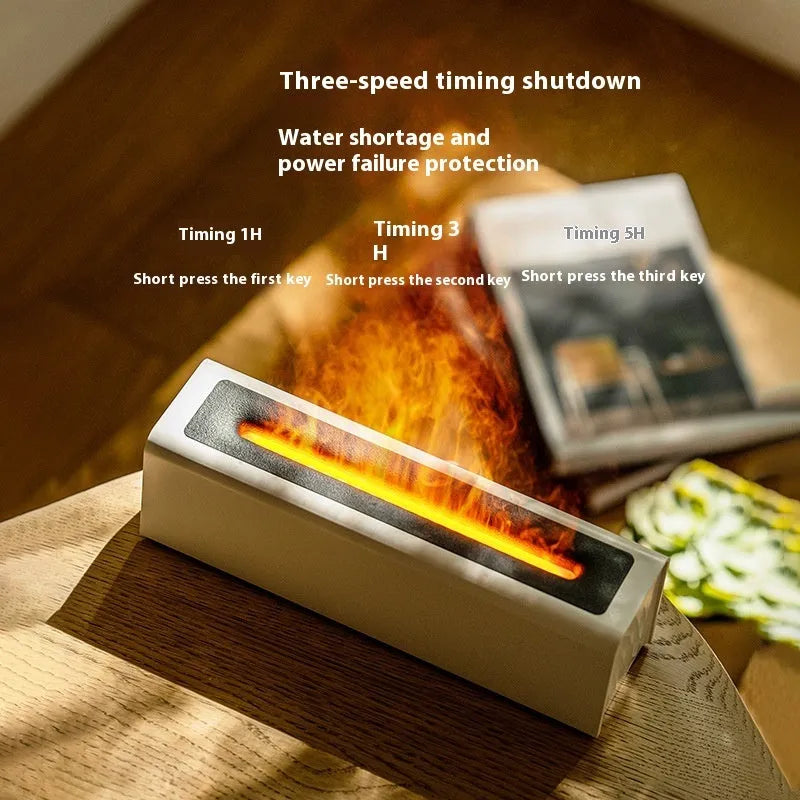 Square black USB aroma diffuser with colourful flame simulation effect and water mist emission