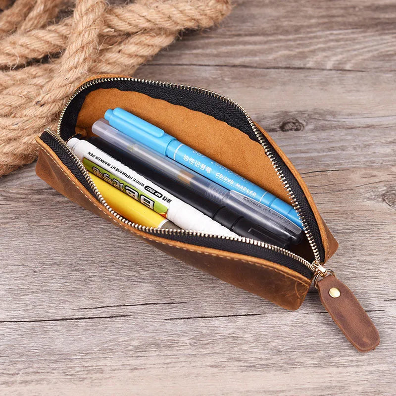 Black handmade cowhide leather pencil case with zipper, showing square 18cm design.