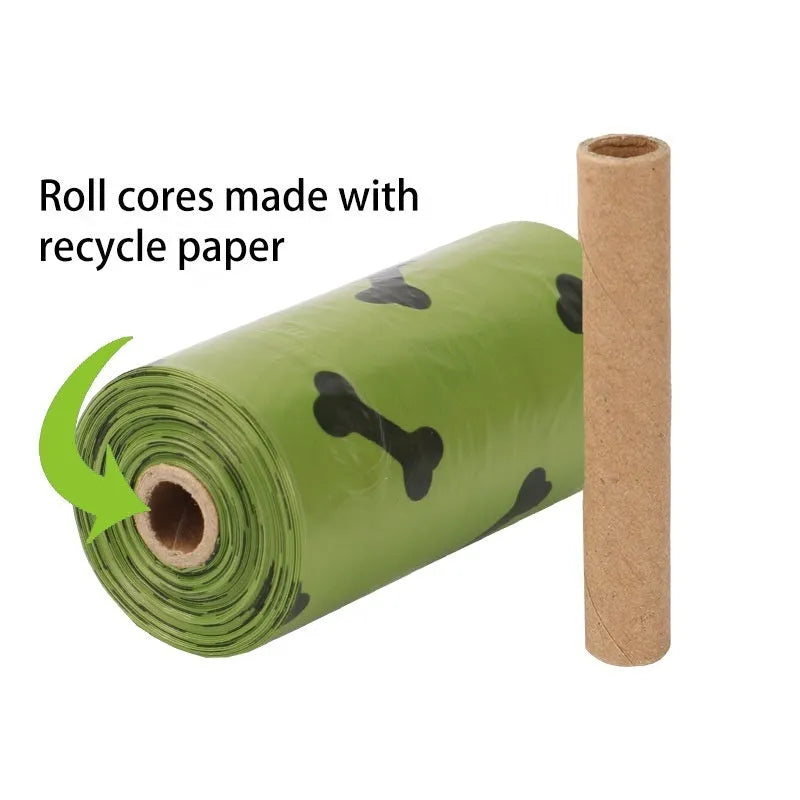 Military green degradable dog poop bags with black bone print, 23cm by 33cm size