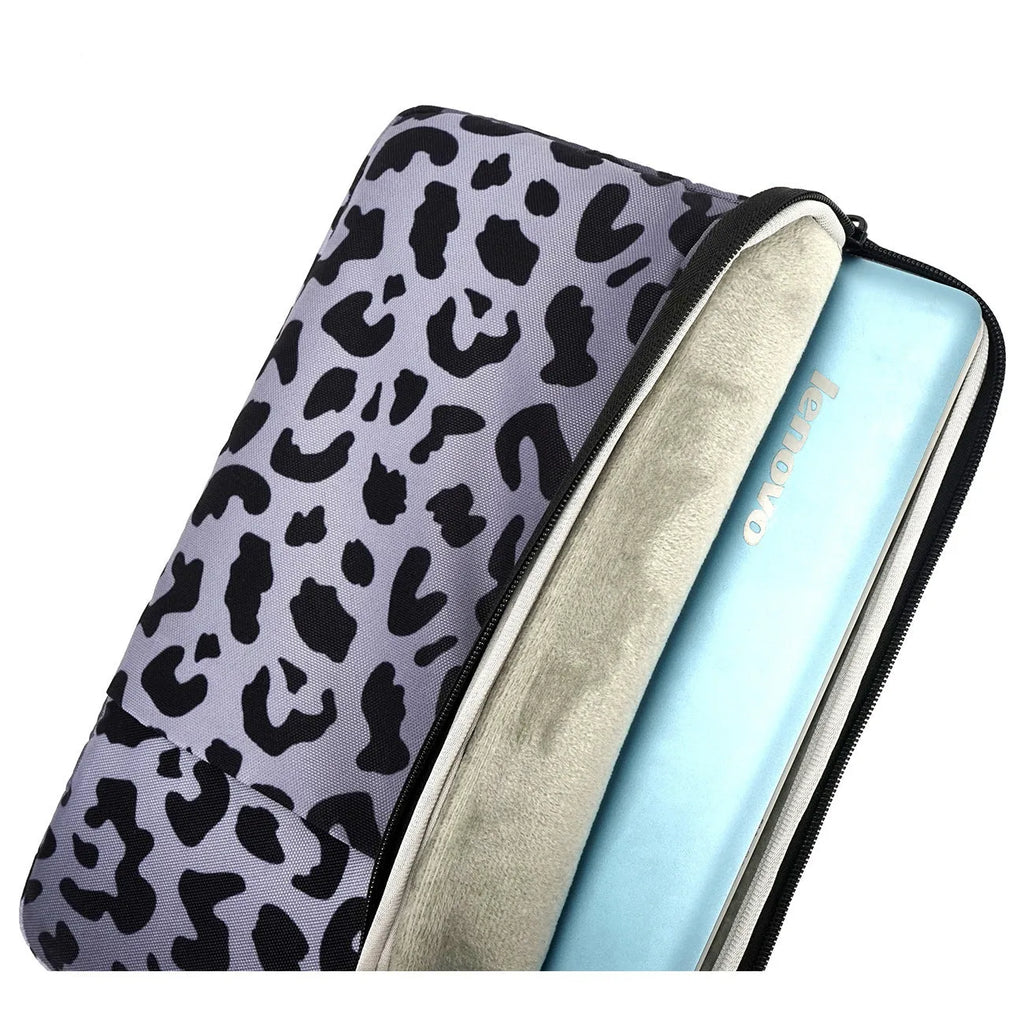 Leopard print laptop sleeve for 13-inch to 16-inch computers with flannel lining
