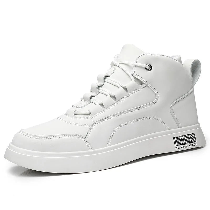 Men's white mid-top casual sports shoes with rubber sole and lace-up front