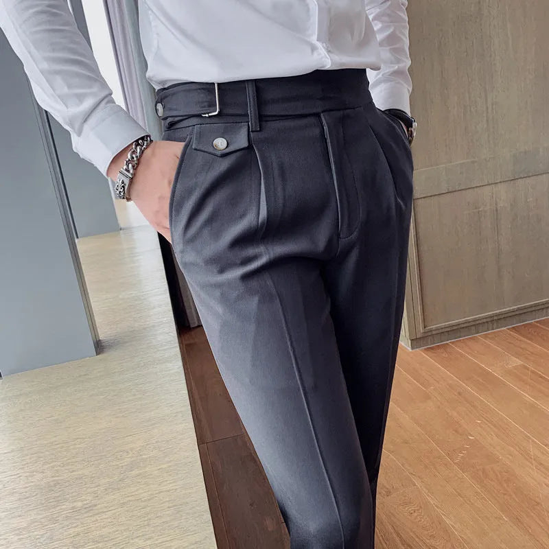 A pair of men's straight-leg casual trousers in a solid colour, laid flat to show the classic cut and polyester fabric.