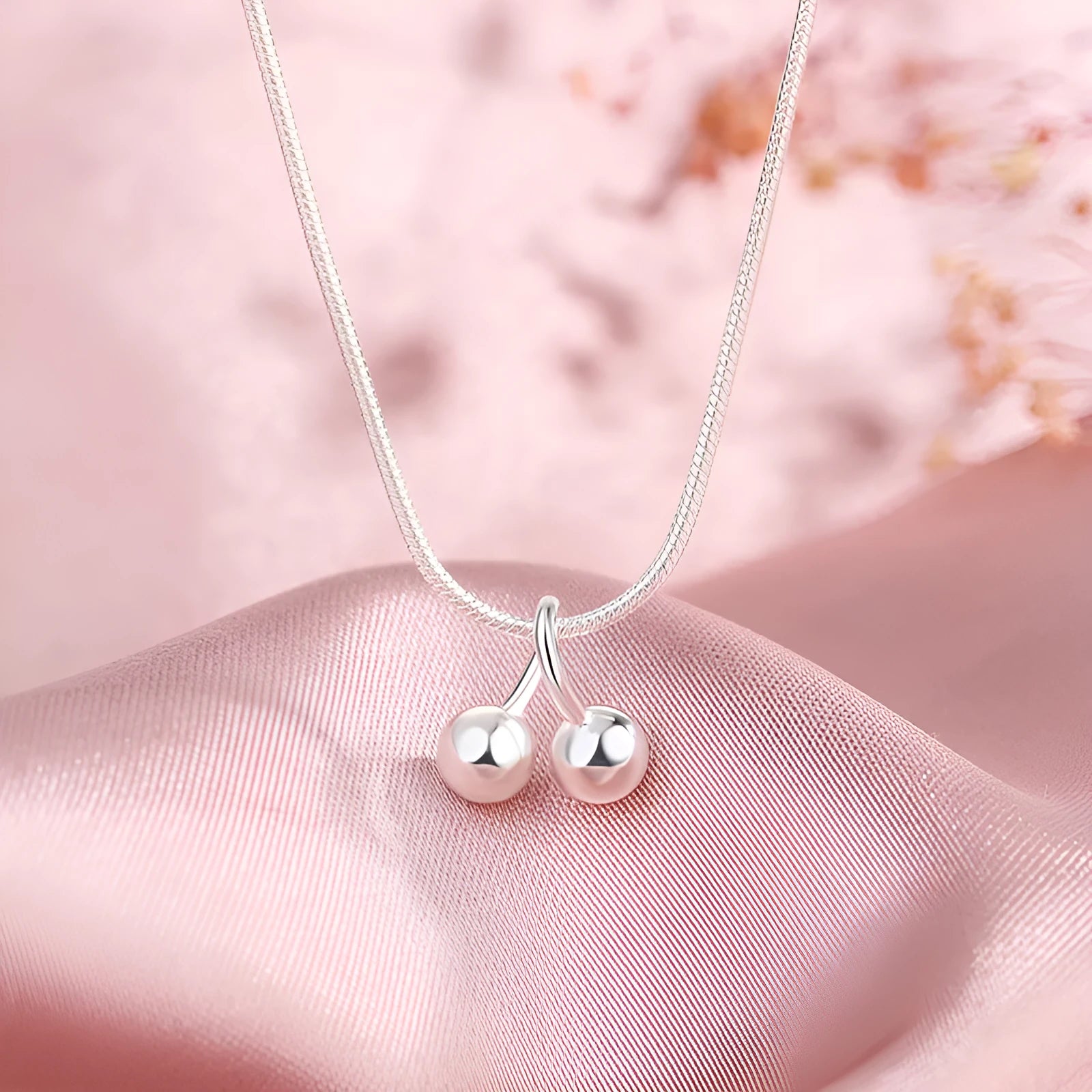 925 silver cherry necklace for women with snake bone chain and adjustable length