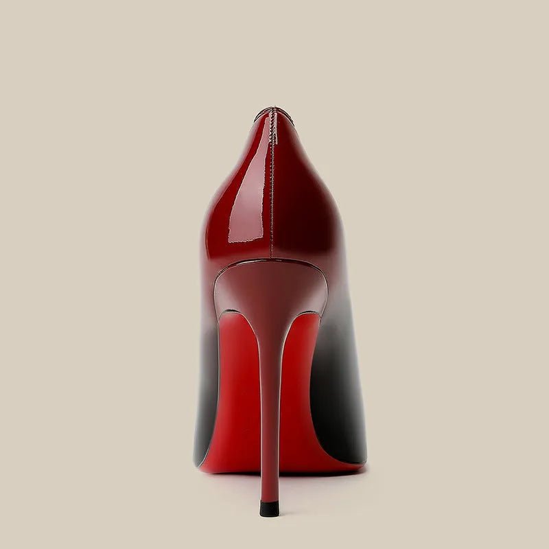 Patent leather black red gradient stiletto high heels pointed toe women's shoes