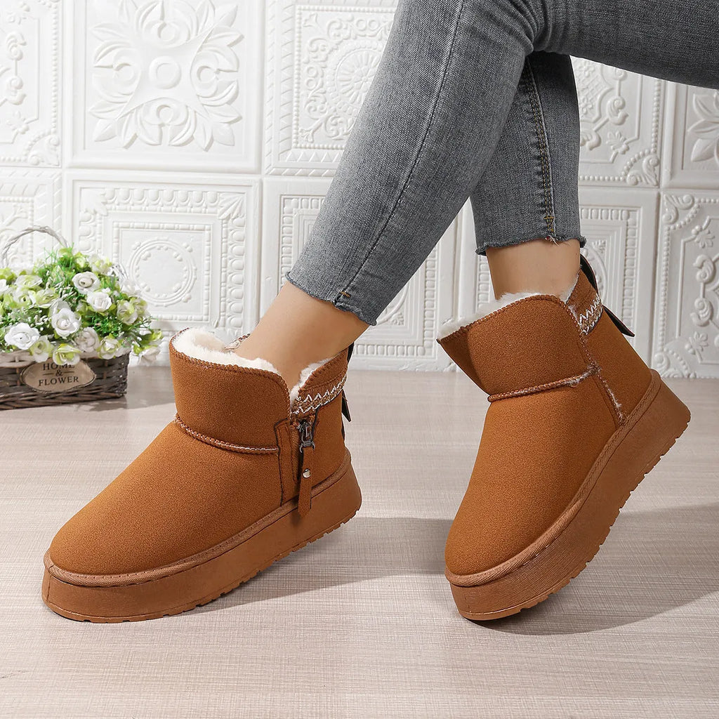 Women’s suede side zipper platform snow boots in black with wool lining and round toe