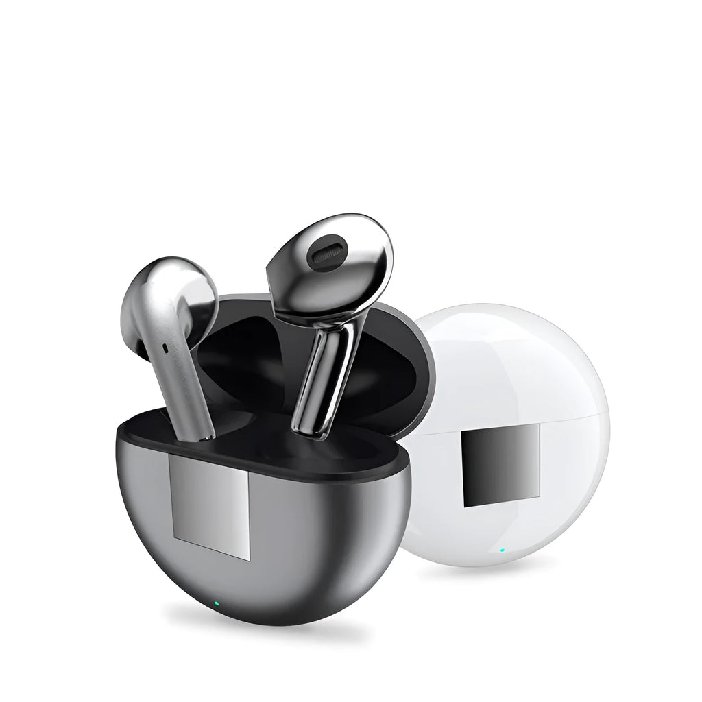 White Budz5 wireless Bluetooth semi-in-ear earphones with charging case