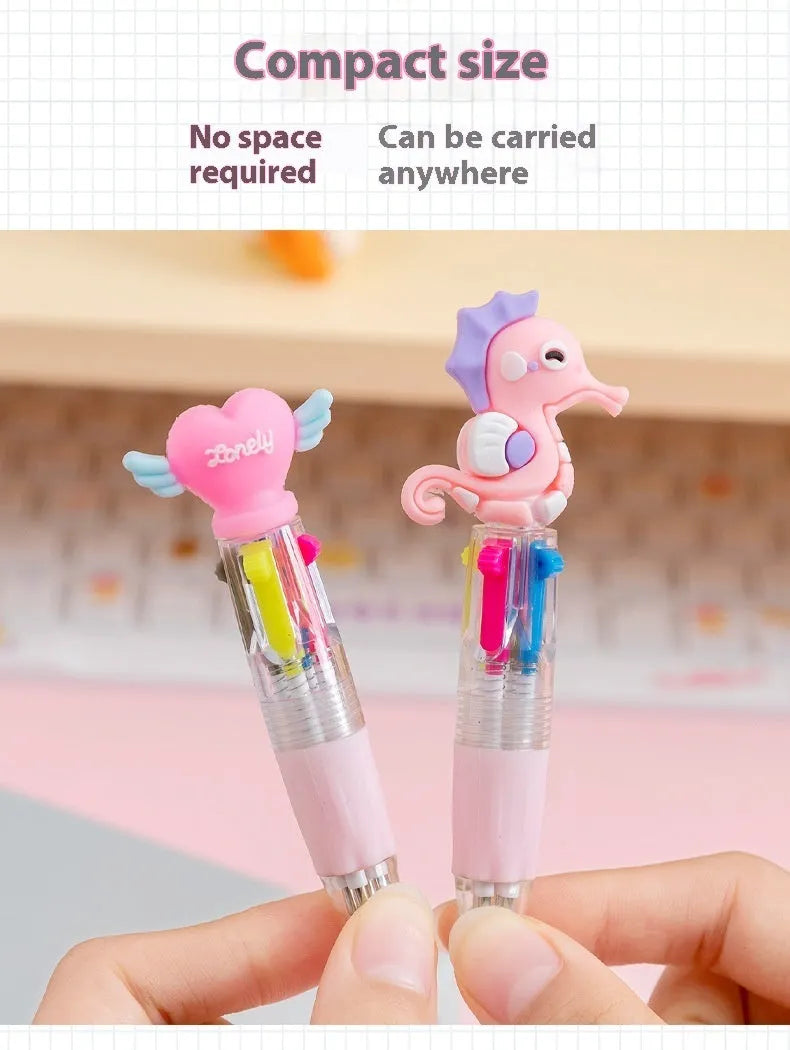 Four-colour press ballpoint pen with random cartoon design showing cactus, fast food, or fruit patterns