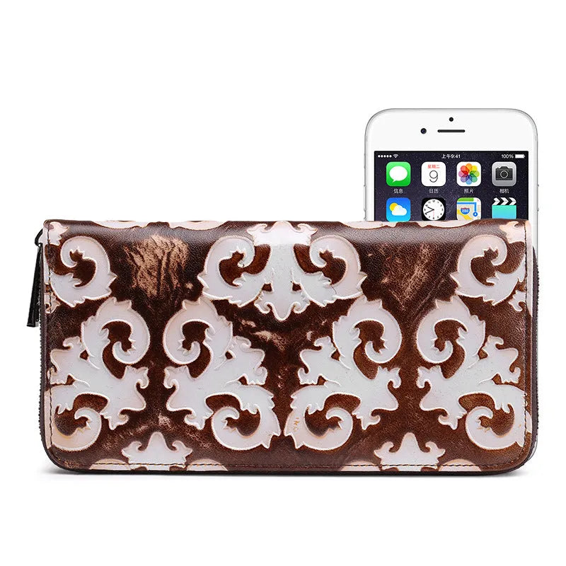 Brushed women's retro wallet in brown white top layer cowhide leather with floral embossed pattern and horizontal square shape