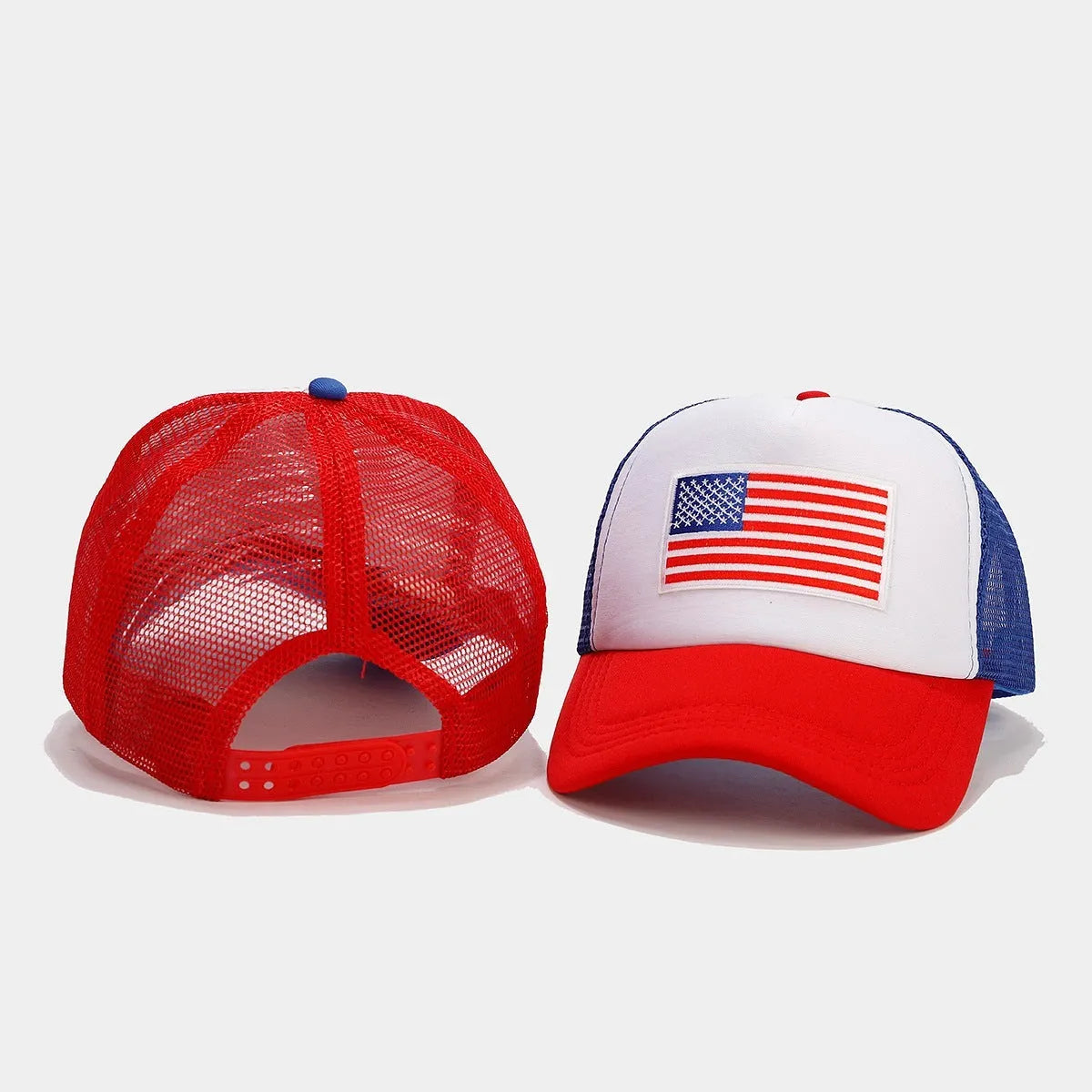 Red and blue contrast adjustable mesh baseball cap with dome crown construction