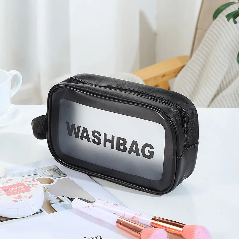 Korean style PVC waterproof pillow cosmetic bag in milky white with letter print pattern