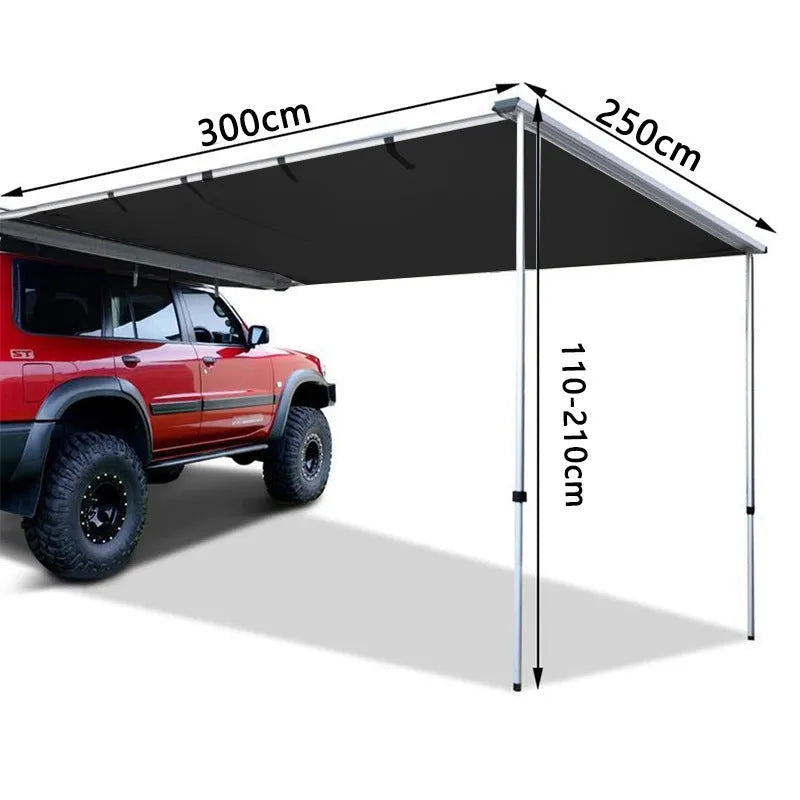 Black rainproof camping tent with aluminium poles set up outdoors, showing two-bedroom interior and Oxford cloth base.