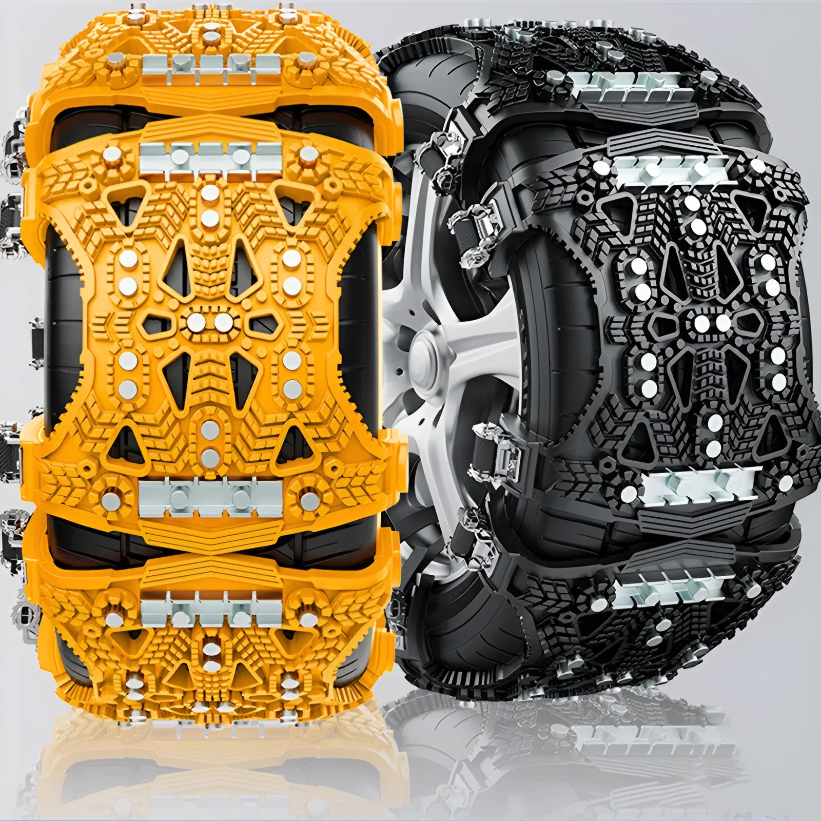 Universal car SUV tyre anti-skid chains with armoured steel plates in packaging with tools