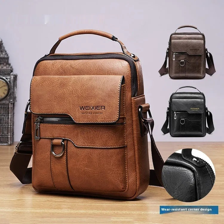 Men's retro PU leather messenger bag with flap closure, one-shoulder crossbody design, black colour