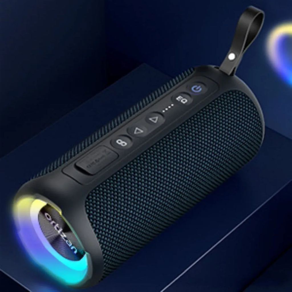 Black and blue fabric wireless Bluetooth speaker with LED lighting showing 40W power rating