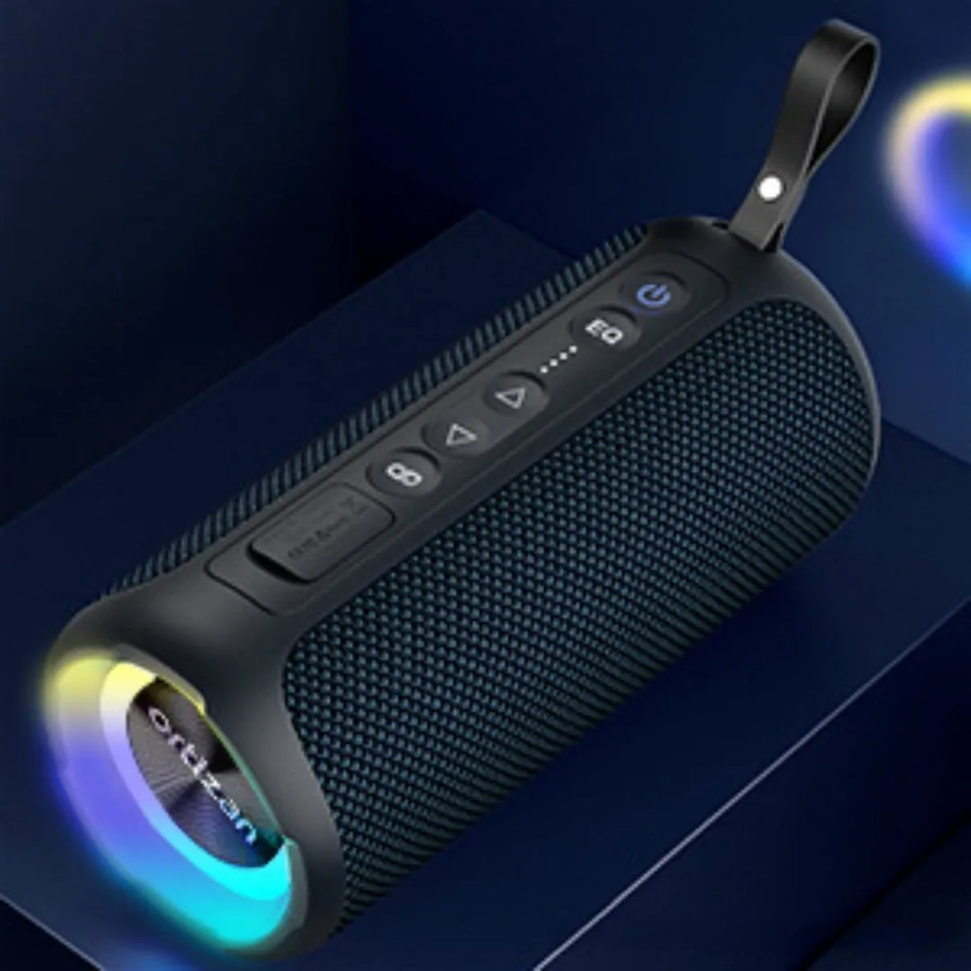 Black and blue fabric wireless Bluetooth speaker with LED lighting showing 40W power rating