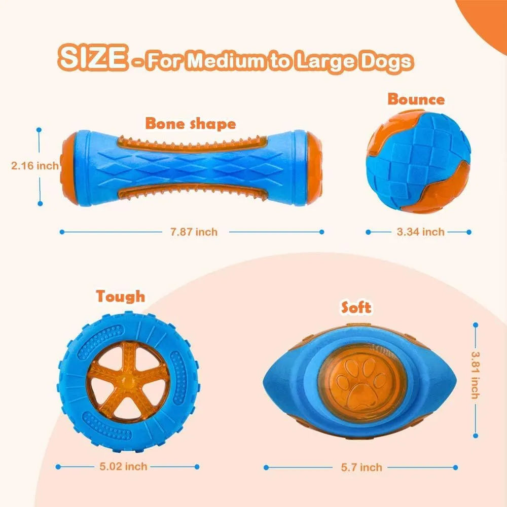 Set of three floating dog toys: blue ball, red barbell, and orange tyre with squeakers