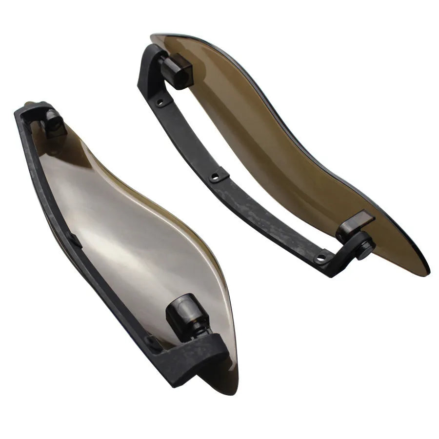 Pair of smoked ABS plastic windshield side wings for a Harley three-wheel glide motorcycle.