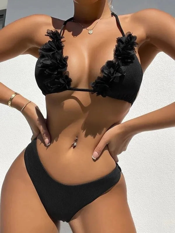 Black women's two-piece swim set with gathered Han-style top and matching shorts