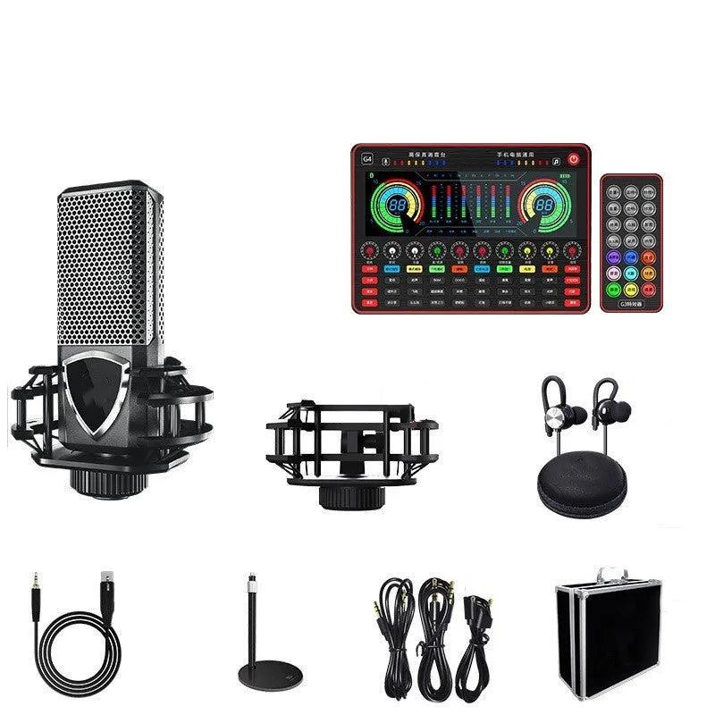 G4 professional singing sound card mixer with LCD screen, control knobs, and included microphone and cables.
