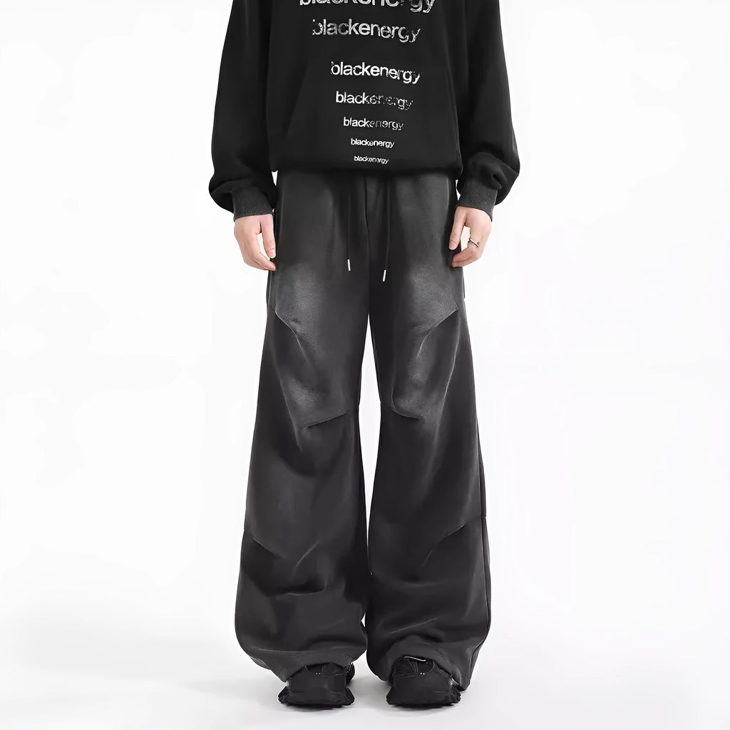 Men's American washed cotton pleated straight loose sweatpants in black with elastic waist