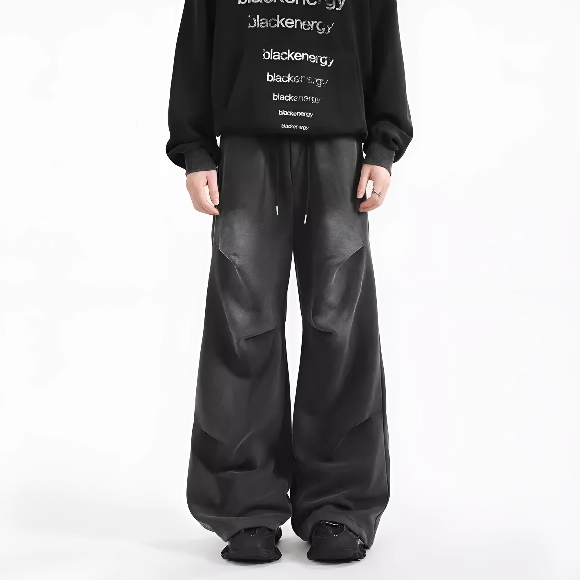 Men's American washed cotton pleated straight loose sweatpants in black with elastic waist