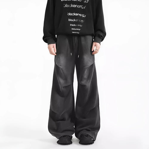Men's American washed cotton pleated straight loose sweatpants in black with elastic waist