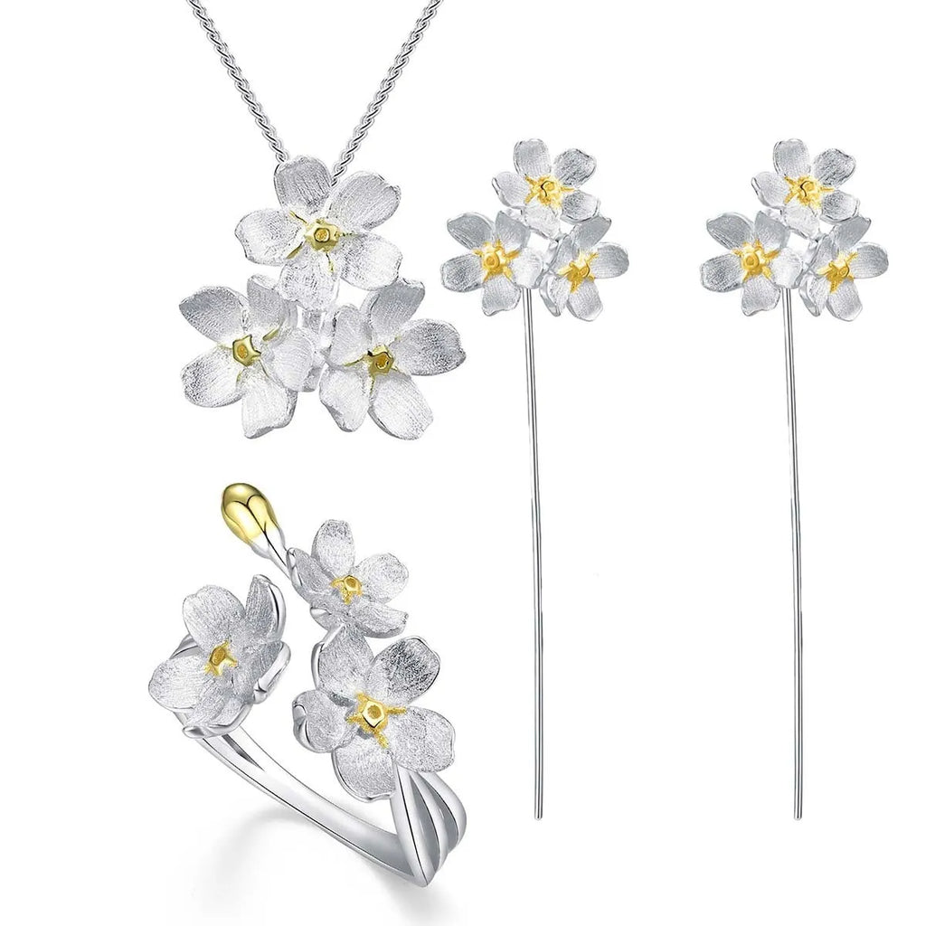 Sterling silver forget-me-not flower pendant with electroplated gold or silver finish
