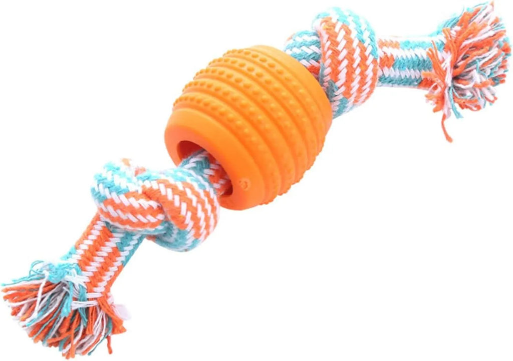 Blue dog chew toy with rope strands for dental care, 23 cm length