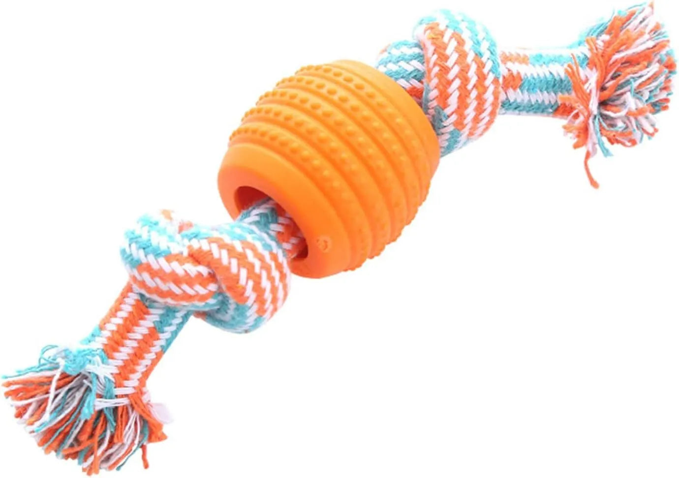Blue dog chew toy with rope strands for dental care, 23 cm length