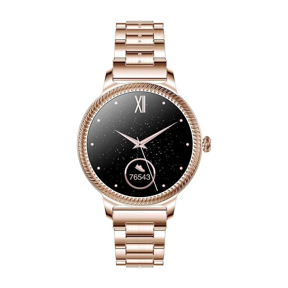 AK38 ladies smart watch with stainless steel Milanese band on wrist, showing its colour screen