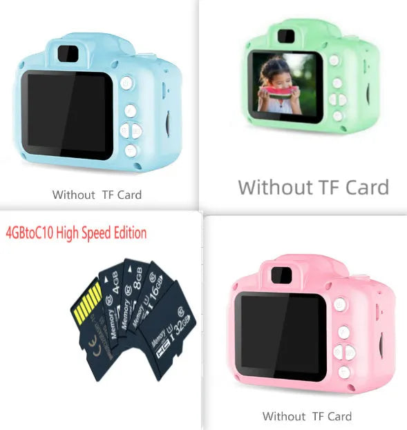 Children's HD digital waterproof camera in blue, showing 2.3 inch LCD screen and compact 80x60mm body