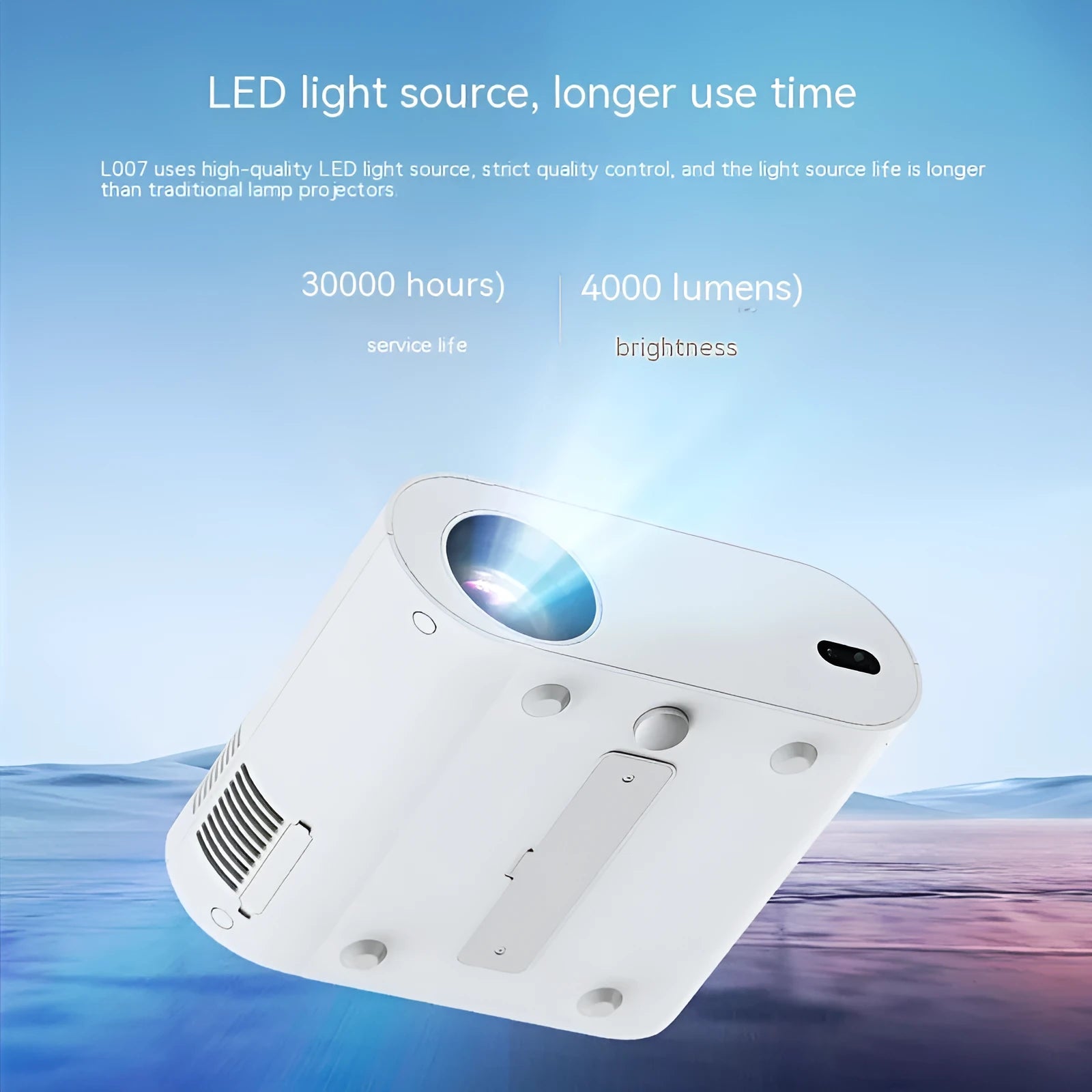 White T07 Full HD 1080p smart projector with remote control on a surface.