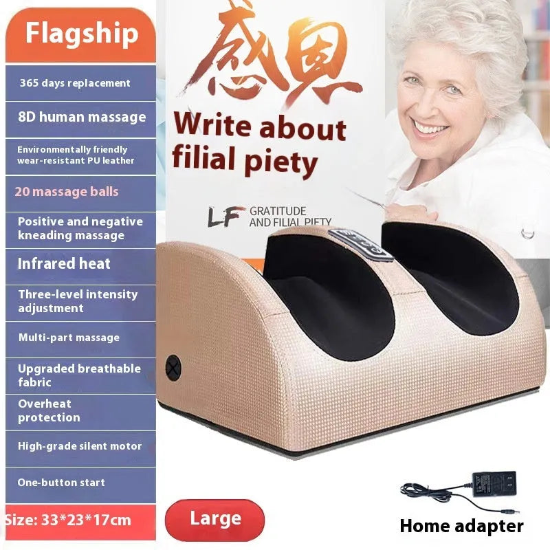 Automatic electric foot massager machine in gold colour with remote control on a wooden floor
