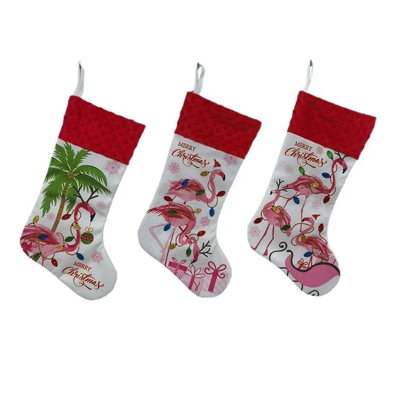 Flamingo Christmas stocking holiday decoration measuring 46cm by 28cm in cloth