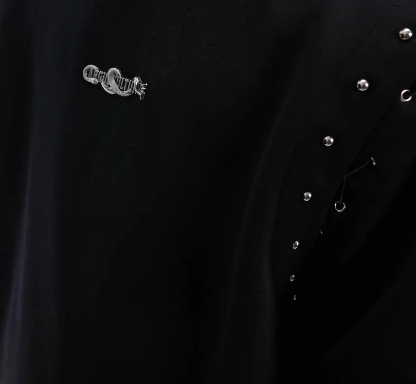 Black short sleeve T-shirt with lace-up cutout detail on mannequin
