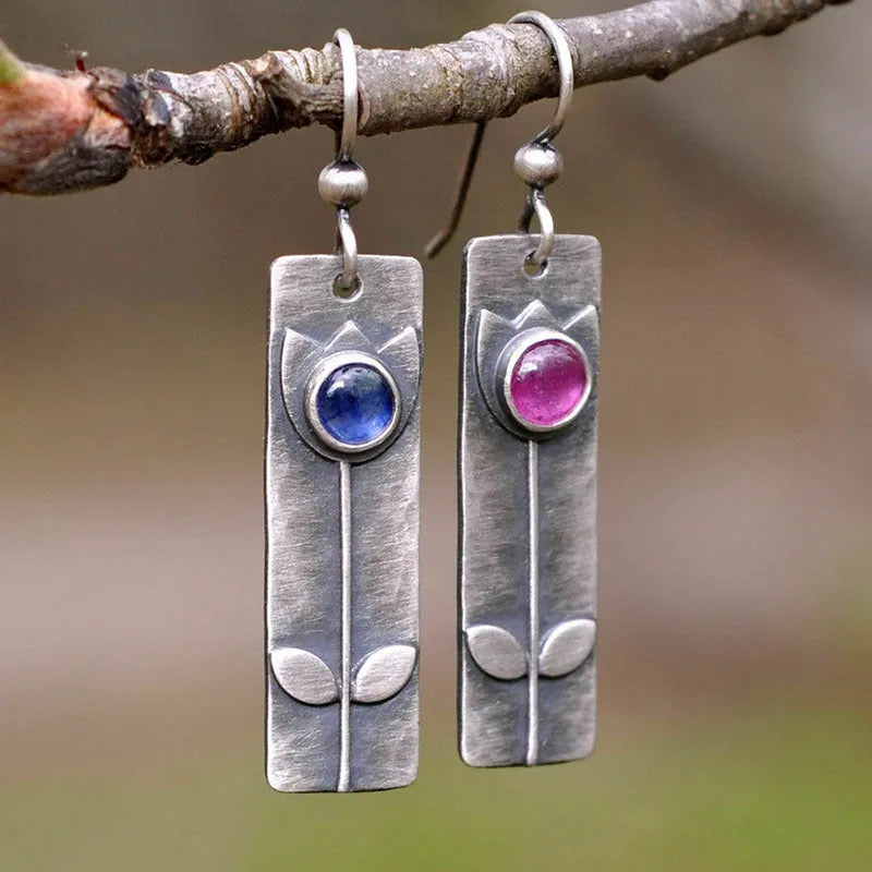 Red sapphire antique finish electroplated drop earrings with geometric ellipse pendant retro jewellery