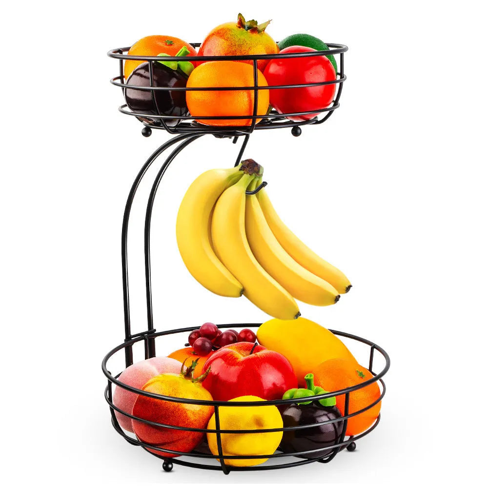 Double-layer black wrought iron fruit basket with two open storage tiers.