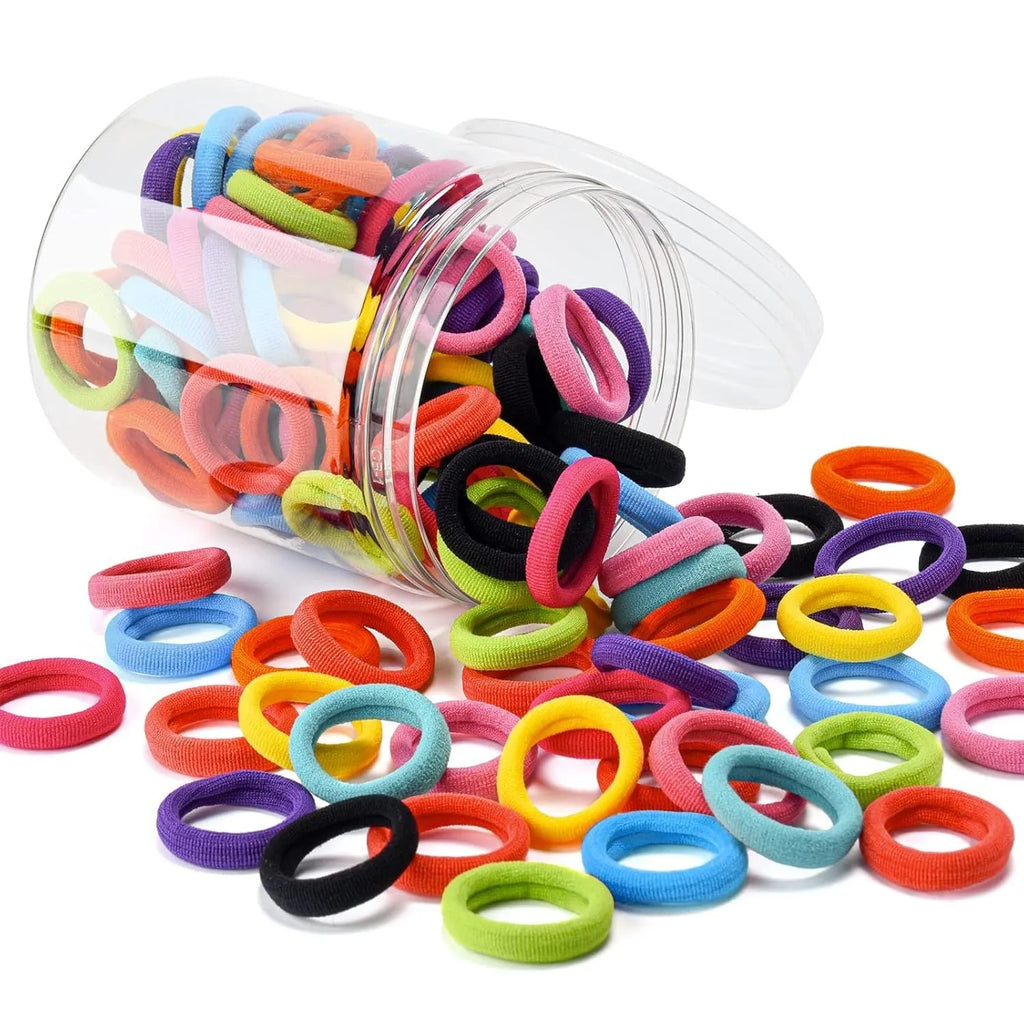 100 multicolour seamless cotton baby hair ties in small jar packaging
