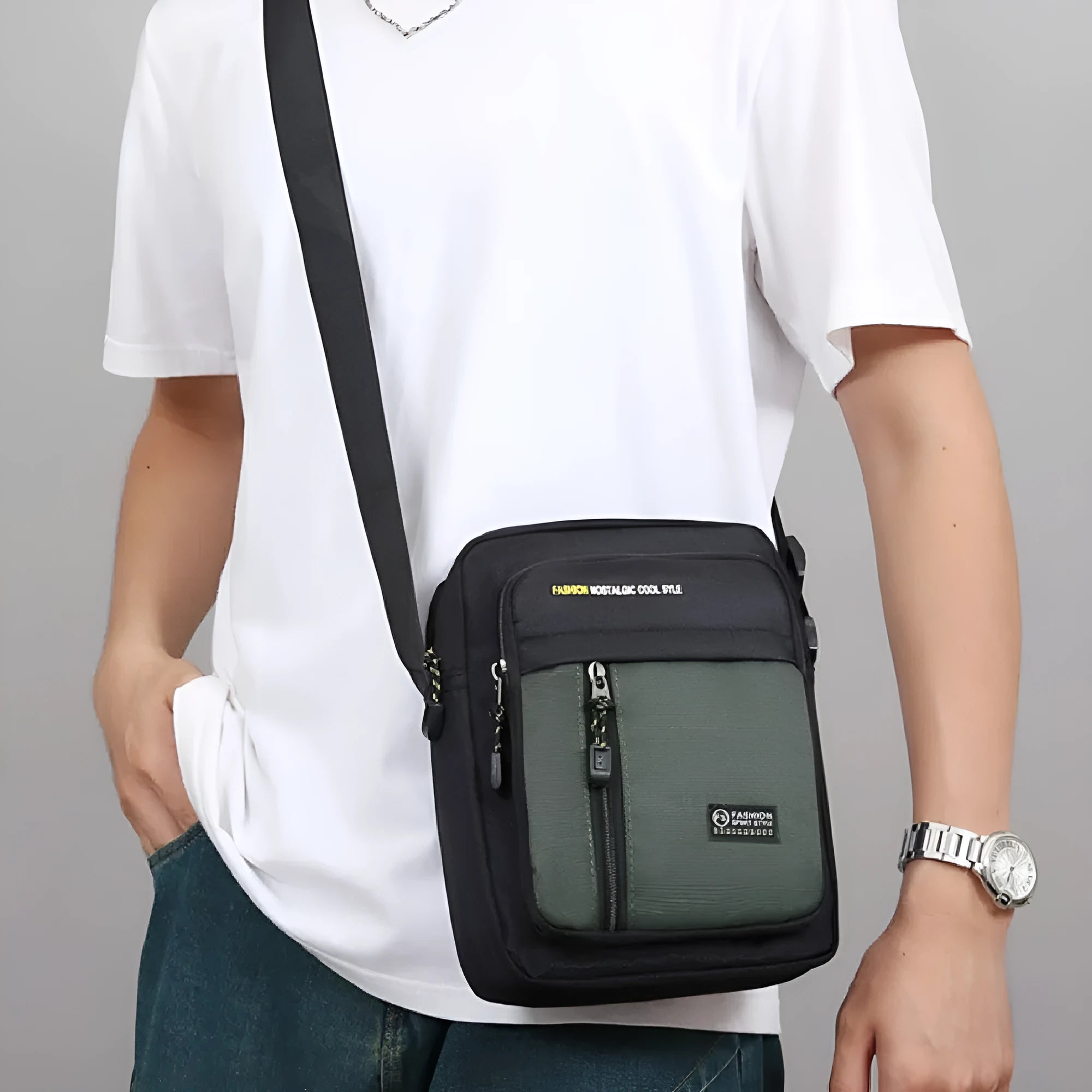 Men's casual nylon crossbody messenger bag in green, shown with visible stitching detail.
