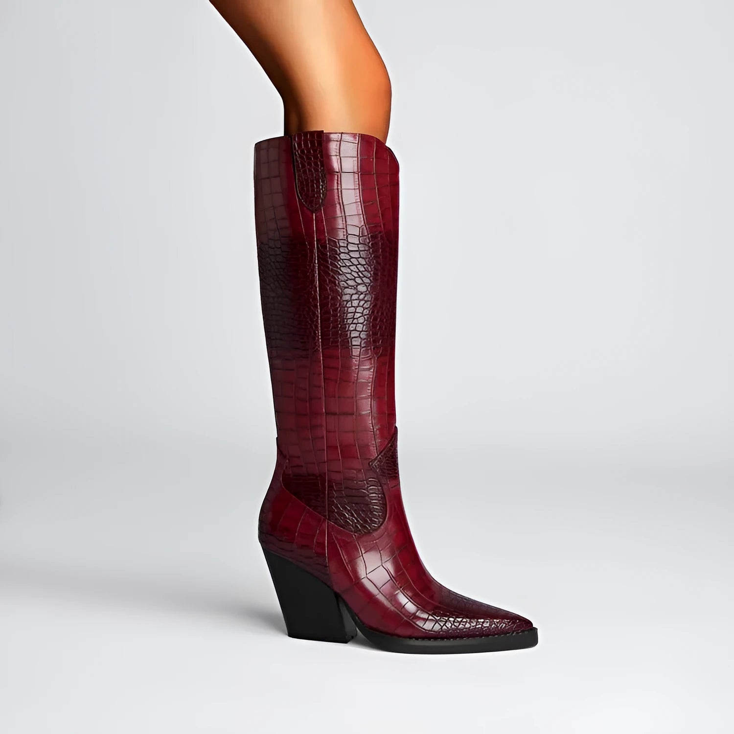 Retro pointed stone pattern chunky heel shoes in dark brown with microfiber upper and rubber sole