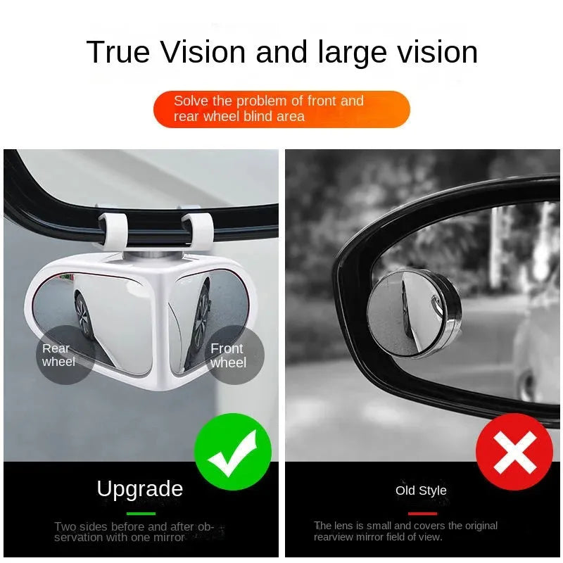 Adjustable wide-angle car reversing mirror in black, shown with adhesive backing.
